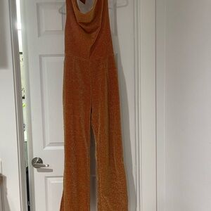 Peppermayo Women’s Glittering Orangey Gold Halter Jumpsuit with Wide Leg